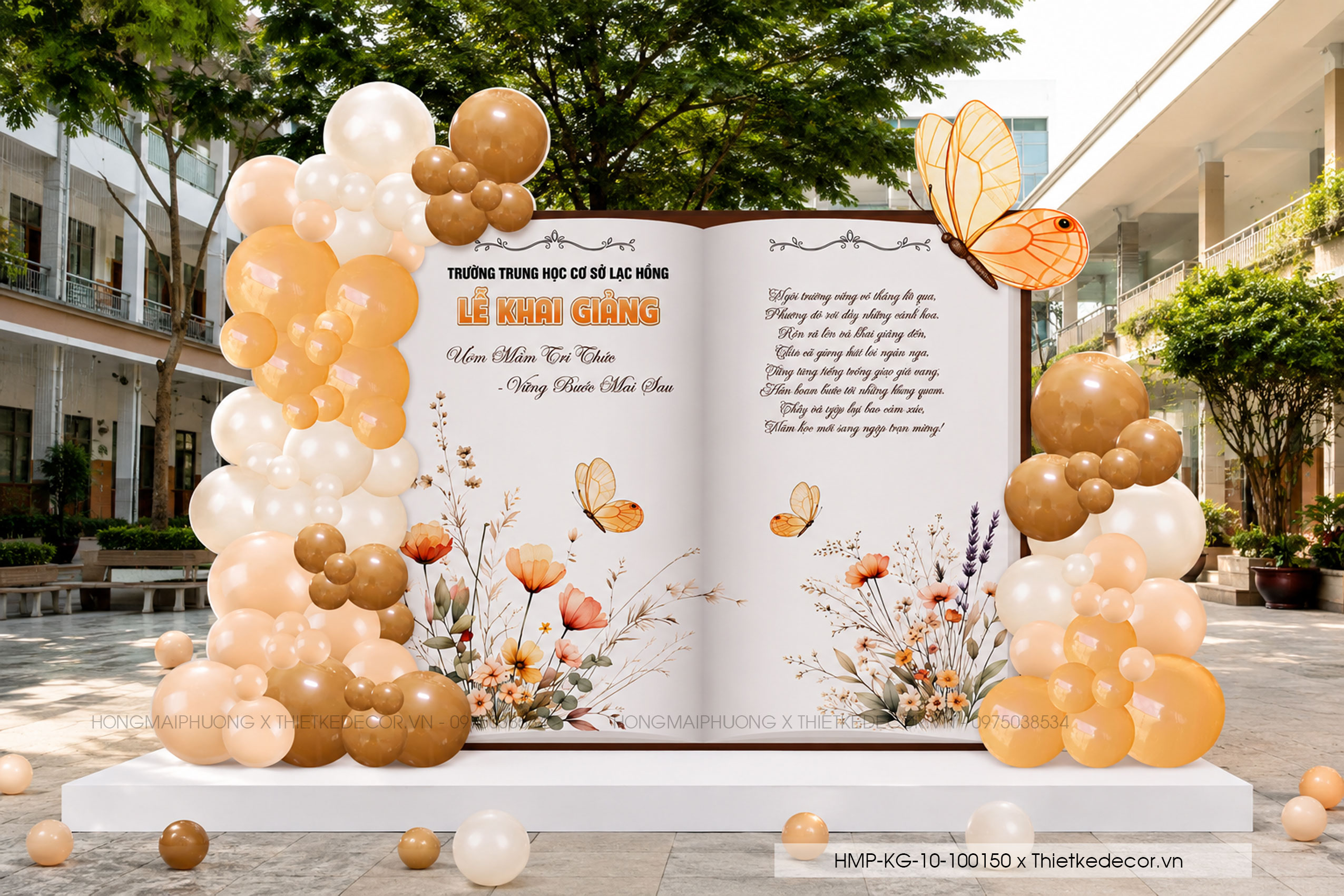 File thiết kế trang trí decor background mừng lễ khai giảng chào mừng năm học mới tone vàng chụp ảnh check in cho trường cấp 2. cấp 3 tone nâu tây